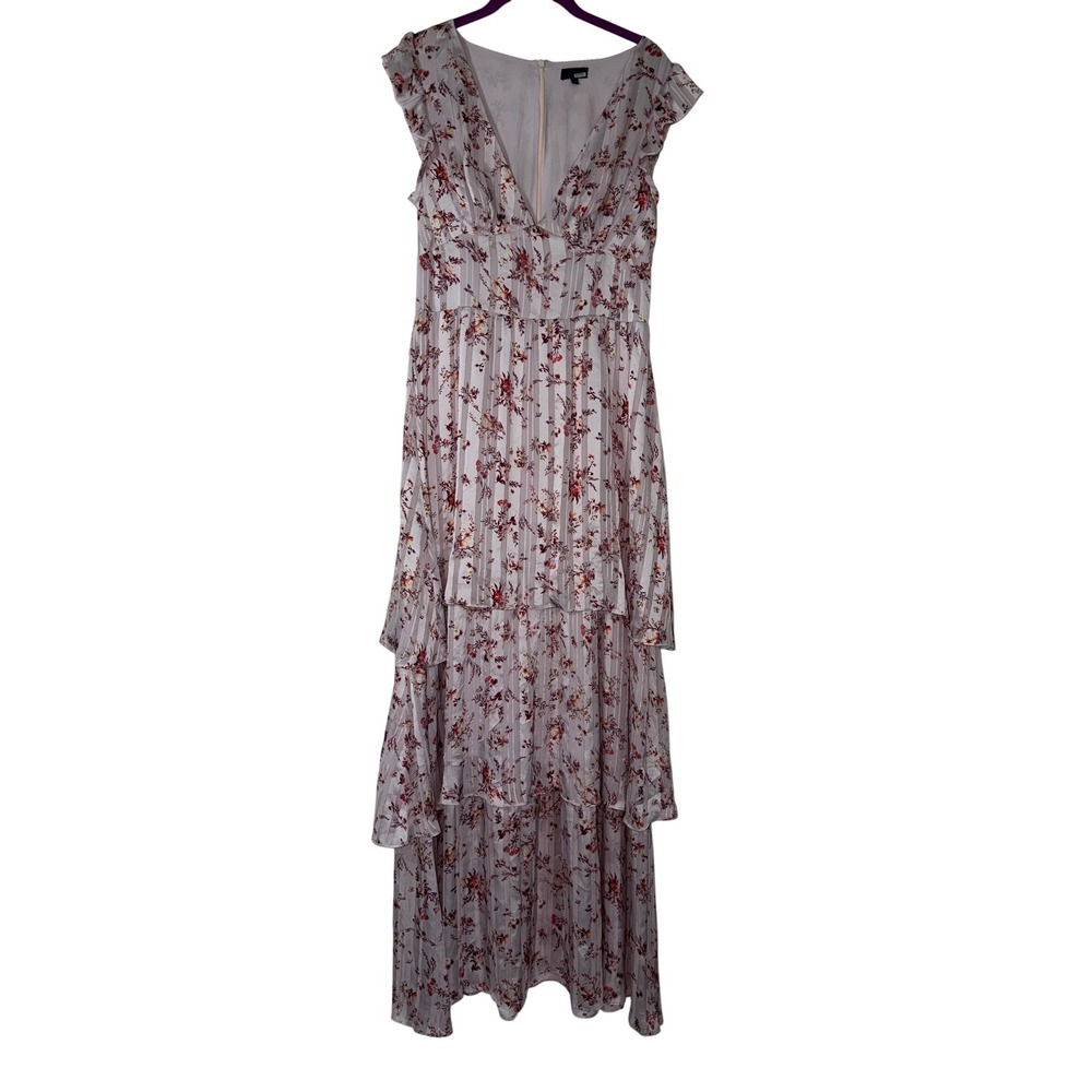 Rachel Rachel Roy Floral Maxi Dress Pink Flutter Sleeve Tiered Pleated V-Neck